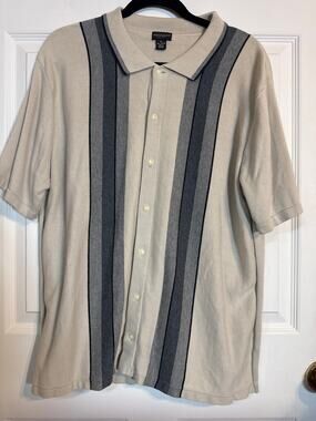 VTG Reunion Sportswear Knit Polo Shirt Men XL 100% Cotton Retro Striped Tan Gray